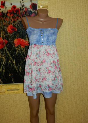 Р. 44-46 сарафан джинс з шифоном блакитний з рожевими квіточками новий