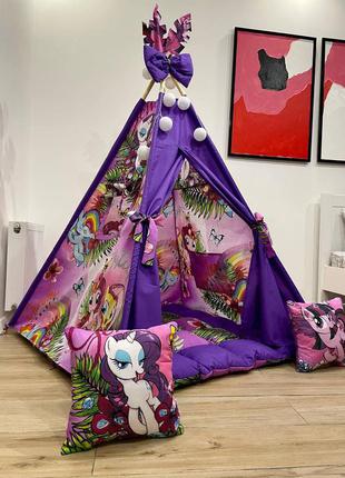 Вігвам дитячий pony фіолетові бонбон повний комплект, дитяча палатка з віконцем для дівчинки1 фото