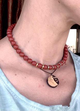 Ожерелье япония подвеска винтаж кулон цепочка ретро бусы чокер дерево резьба бусины цвет коралловый2 фото