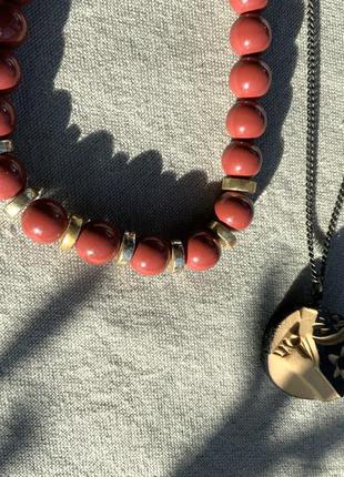 Ожерелье япония подвеска винтаж кулон цепочка ретро бусы чокер дерево резьба бусины цвет коралловый4 фото