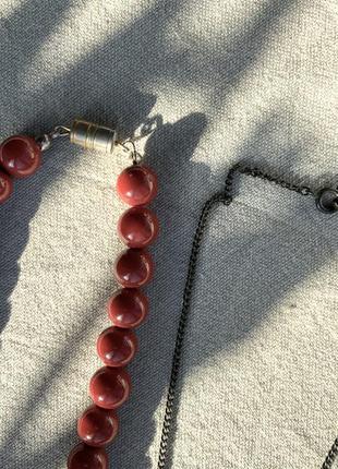 Ожерелье япония подвеска винтаж кулон цепочка ретро бусы чокер дерево резьба бусины цвет коралловый6 фото