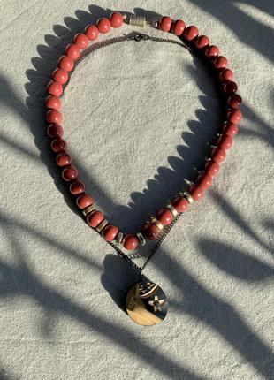 Ожерелье япония подвеска винтаж кулон цепочка ретро бусы чокер дерево резьба бусины цвет коралловый3 фото