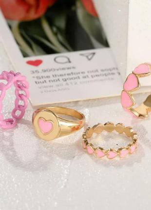 Набор колец сердечки стильные тренд кольца розовые сердце2 фото