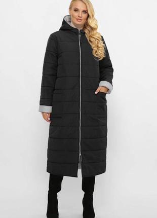Двустороннее стеганое пальто женское поли чёрно/серое (62,64)