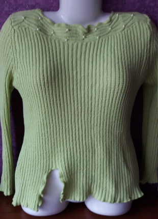 Яркий, нарядный, салатовый свитер крупной вязки1 фото