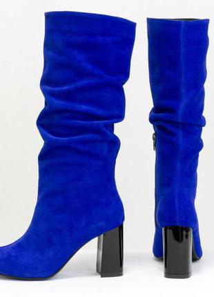 Жіночі замшеві чоботи гармошка синього кольору осінь-зима7 фото