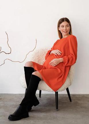 Сукня міді для вагітних та годуючих з секретом годування помаранчева (платье для беременных кормящих7 фото