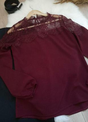 Блуза кофта сорочка з мереживом бордового кольору прямого крою s m2 фото