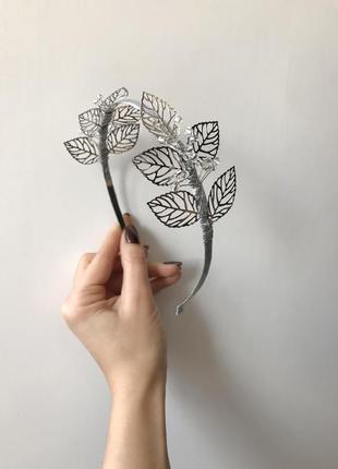 Обруч ободок праздничный серебряный листочки новогодний halloween