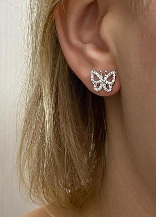 Серебряные пуссеты, бабочки, 925, фианиты, родированное серебро