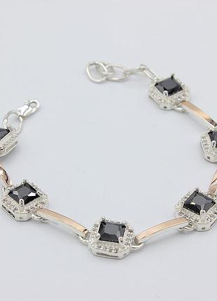 Серебряный браслет с золотыми вставками и черными фианитами