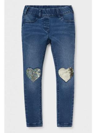 Брендовые  джинсы джеггинсы для девочки c&a сердечка с пайетки