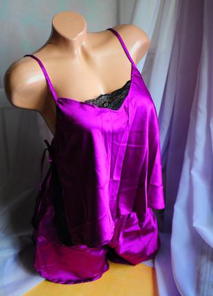 Шикарная шелковая фиолетовая сиреневая пижамка пижама с шортиками и свободным нежным топом топиком1 фото