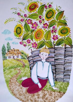 Картина гуашшю. "мені тринадцятий минало". краєвид, українська розпис а2