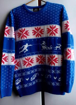 Мужской теплый свитр новогодний с оленями с снежинками синий
