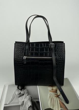 Женская кожаная сумка крокодил на через плечо чёрная жіноча шкіряна чорна7 фото