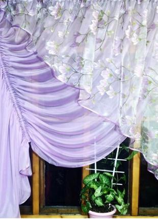 Занавеска  готовая камелия сирень веточка левая