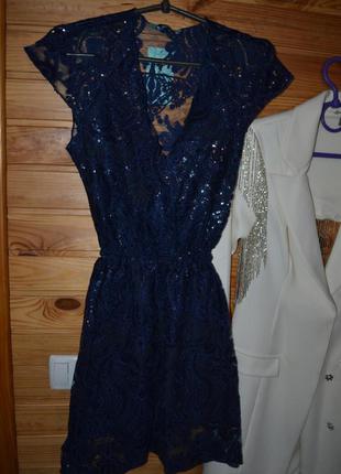 Платье синий индиго из кружева с паетками lux!4 фото