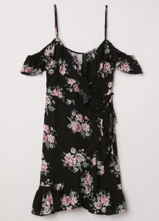 Платье на запах ✨h&m✨ короткое платье цветочный принт открытые плечи рукава с оборками2 фото