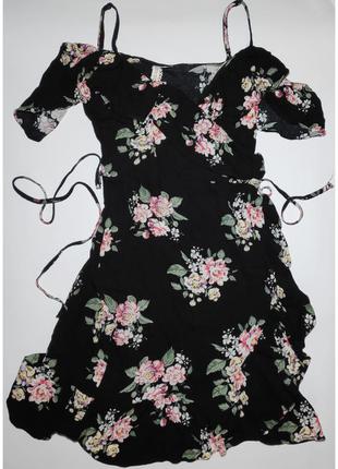 Платье на запах ✨h&m✨ короткое платье цветочный принт открытые плечи рукава с оборками5 фото