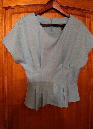 Яркая льняная светло-бирюзовая  блузка с поясом8 фото