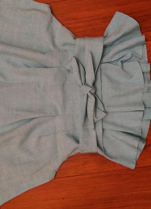 Яркая льняная светло-бирюзовая  блузка с поясом7 фото