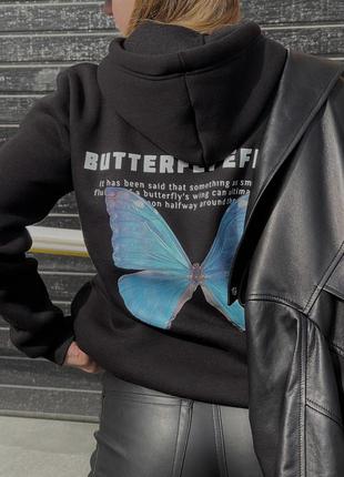 Худи черный с трендовым принтом «butterfly effe»1 фото