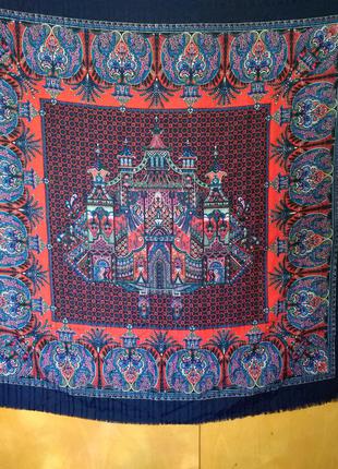 114х112 см подписной большой синий платок шарф шаль с узором и дворцом от carlo margo2 фото