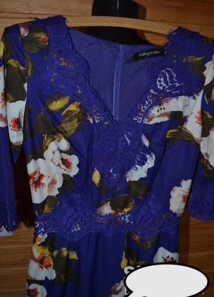 Нежное макси-платье цвета синий электрик! шикарный цветочный принт+годе!7 фото