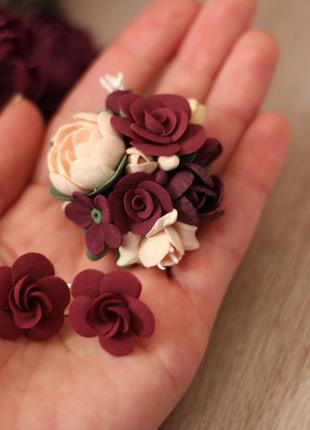 Бордовий комплект прикрас з квітами з полімерної глини "марсаловый беж"3 фото