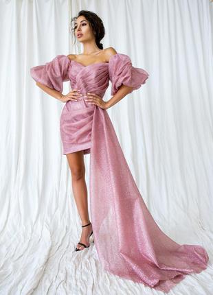 Плаття жіноче, міні коротке, ошатне, вечірнє, коктейльне, шнурівка, хвіст зі шлейфом, рожеве1 фото