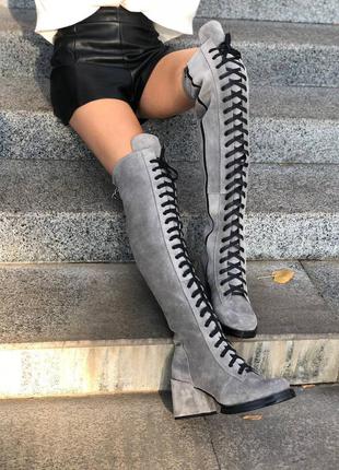 Замшевые стильные  ботфорты на шнуровке и на каблуке,осень-зима1 фото