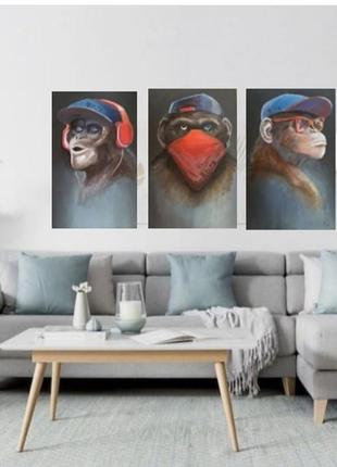 Модный триптих три обезьяна на холсте, масло😊1 фото