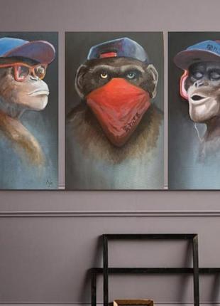 Модний триптих три мавпи на полотні, масло😊5 фото