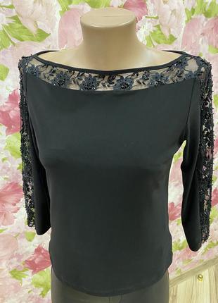 Нарядная ажурная кофточка блуза со стразами чёрная1 фото