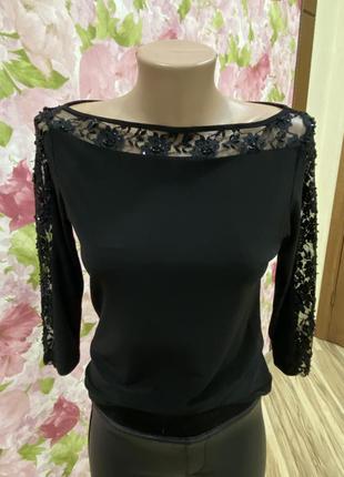 Нарядная ажурная кофточка блуза со стразами чёрная2 фото