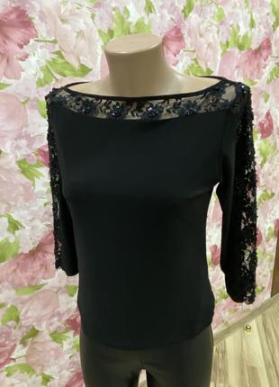 Нарядная ажурная кофточка блуза со стразами чёрная3 фото