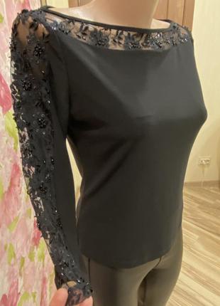 Нарядная ажурная кофточка блуза со стразами чёрная6 фото
