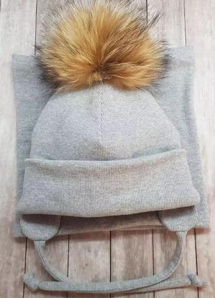 Комплект зимний шапка с бубоном натуральный мех, хомут и рукавички3 фото