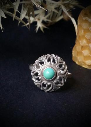 Кольцо цветок с бирюзой 18,5 размер серебро1 фото