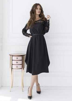 Чорна сукня-трапеція з гіпюровою вставкою1 фото