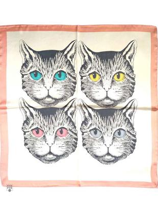 Шелковый платок платочек хустка шовкова пудровый шелк с котами новый качественный