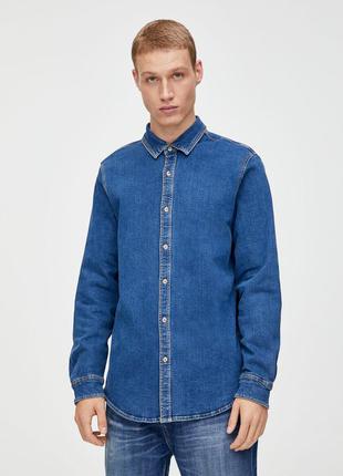Сорочка джинсова довгий рукав бавовняна на ґудзиках pull&amp;bear