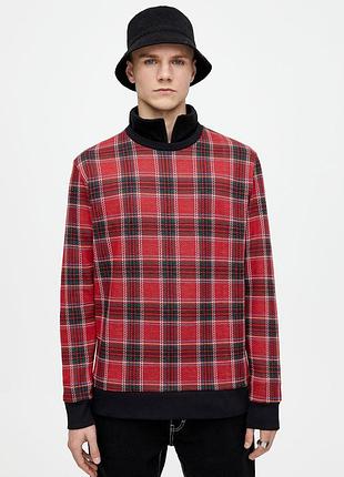 Свитшот красный в крупную клетку хлопковый с круглым вырезом pull & bear