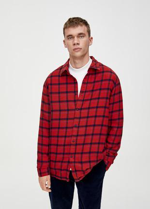 Сорочка довгий рукав бавовняна червона в синю карту на ґудзиках pull&amp;bear