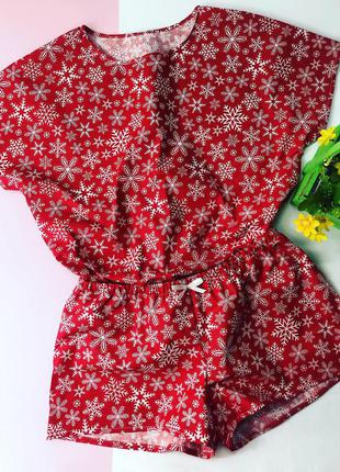 Новогодняя пижамка в снижинки женская. хлопковая пижама. комплект для сна и дома1 фото