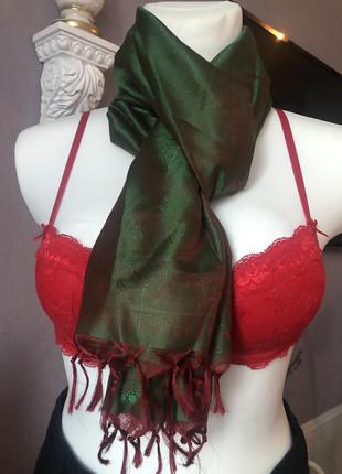 Платок шарфик зеленый хамелеон с красным1 фото