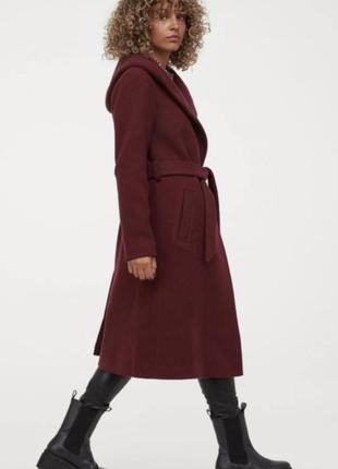 Шерстяное пальто h&m с капюшоном l-xl 33% wool