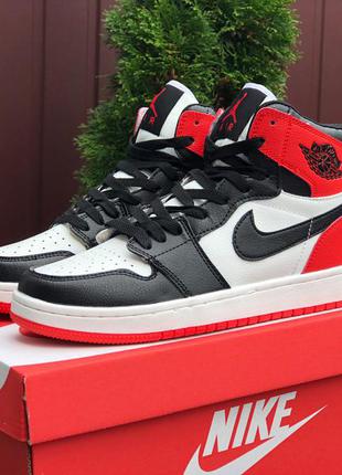 Поростковые кроссовки  jordan 1 белые с чёрным и красным