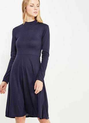 Платье приталенное синее в рубчик трикотаж с открытой спинкой с поясом lost ink1 фото